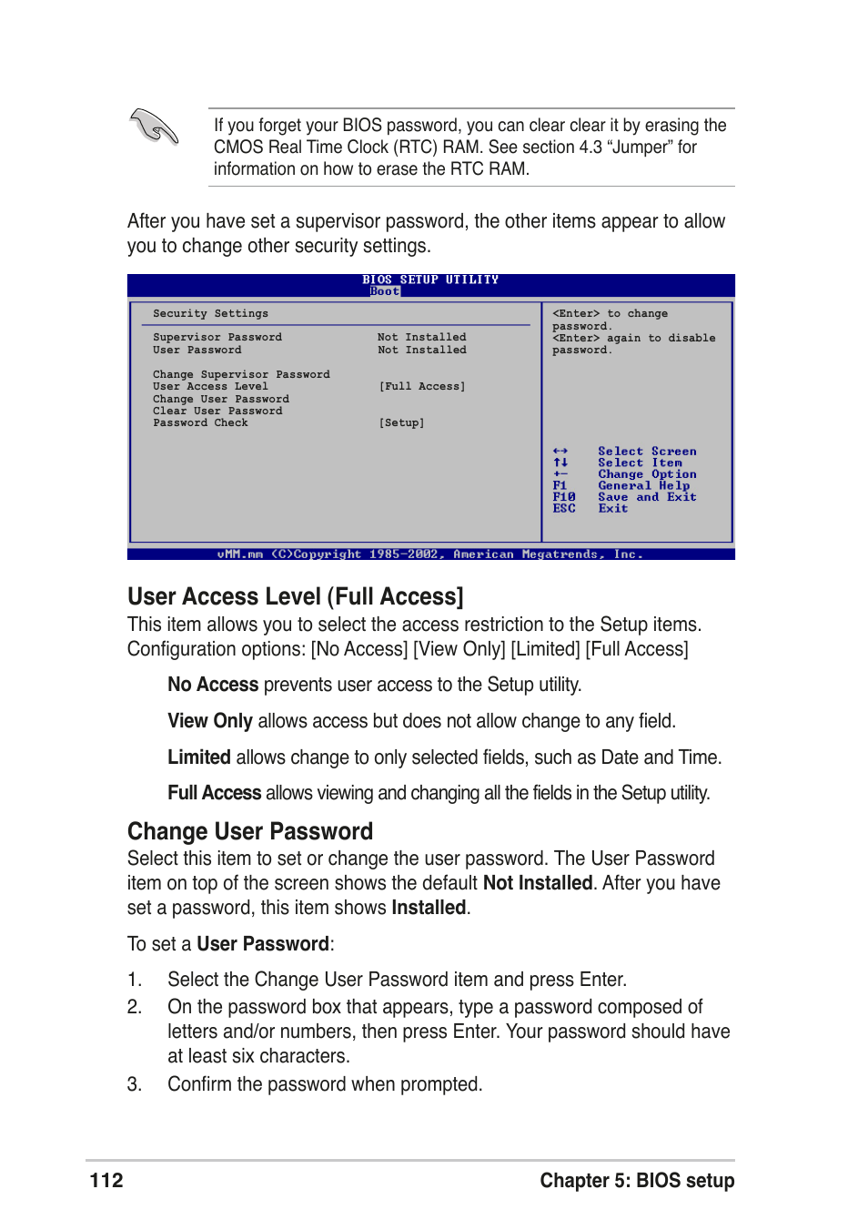 User access level (full access, Change user password | Asus T2-R User Manual | Page 112 / 120