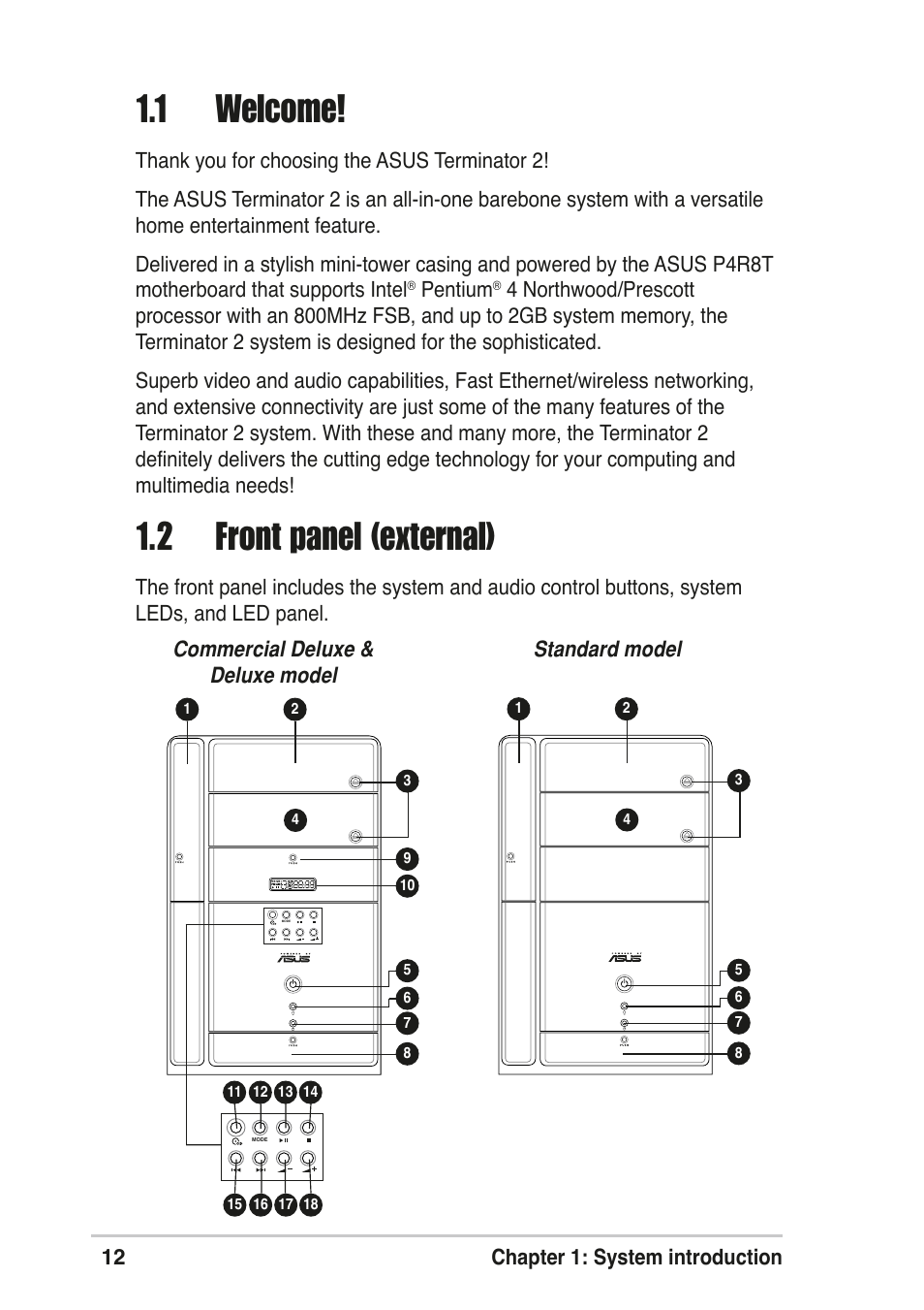 1 welcome, 2 front panel (external) | Asus T2-R User Manual | Page 12 / 120