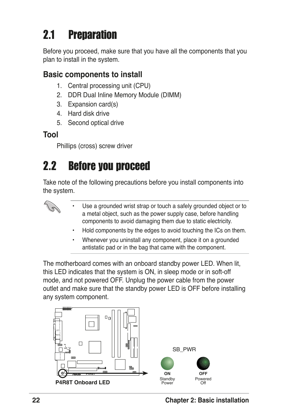 1 preparation, 2 before you proceed, Basic components to install | Tool | Asus T2-R User Manual | Page 22 / 120