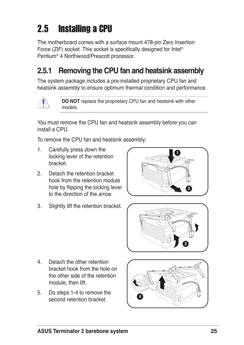 5 installing a cpu, 1 removing the cpu fan and heatsink assembly | Asus T2-R User Manual | Page 25 / 120