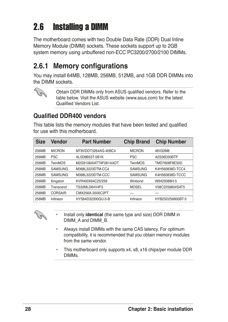 6 installing a dimm, Qualified ddr400 vendors, 28 chapter 2: basic installation | Size vendor part number chip brand chip number | Asus T2-R User Manual | Page 28 / 120