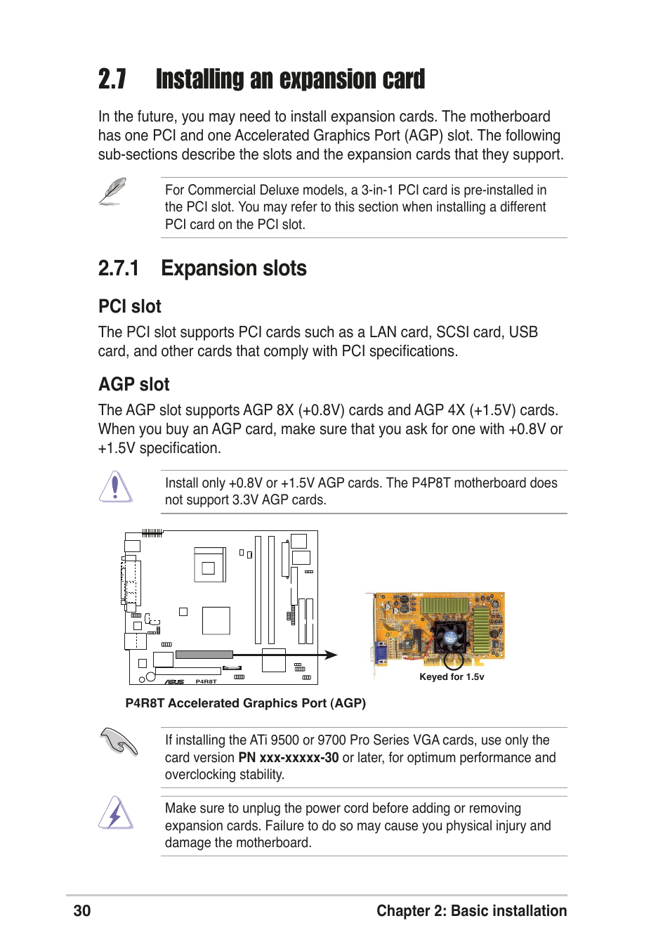 7 installing an expansion card, 1 expansion slots, Pci slot | Agp slot | Asus T2-R User Manual | Page 30 / 120