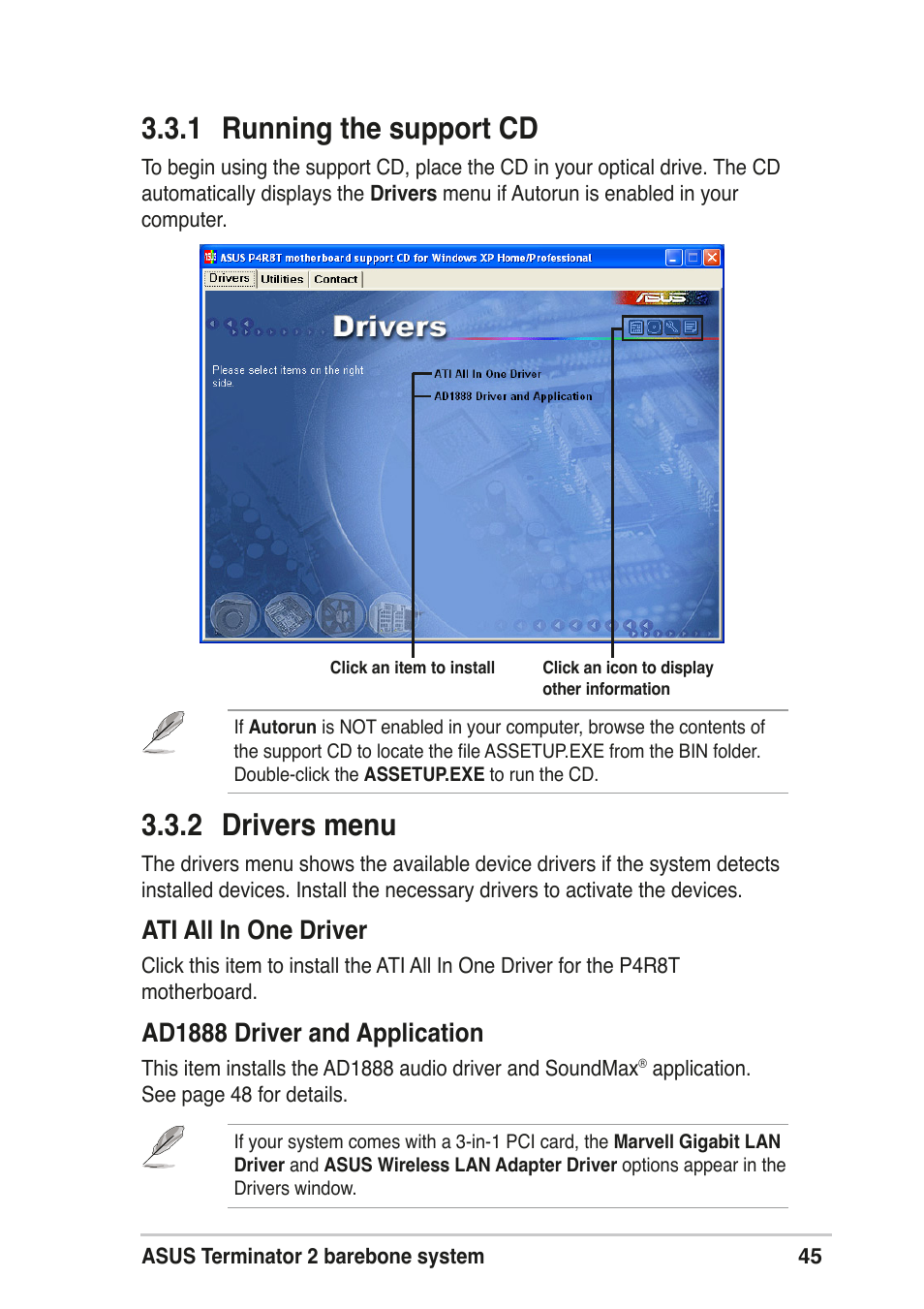 1 running the support cd, 2 drivers menu, Ati all in one driver | Ad1888 driver and application | Asus T2-R User Manual | Page 45 / 120