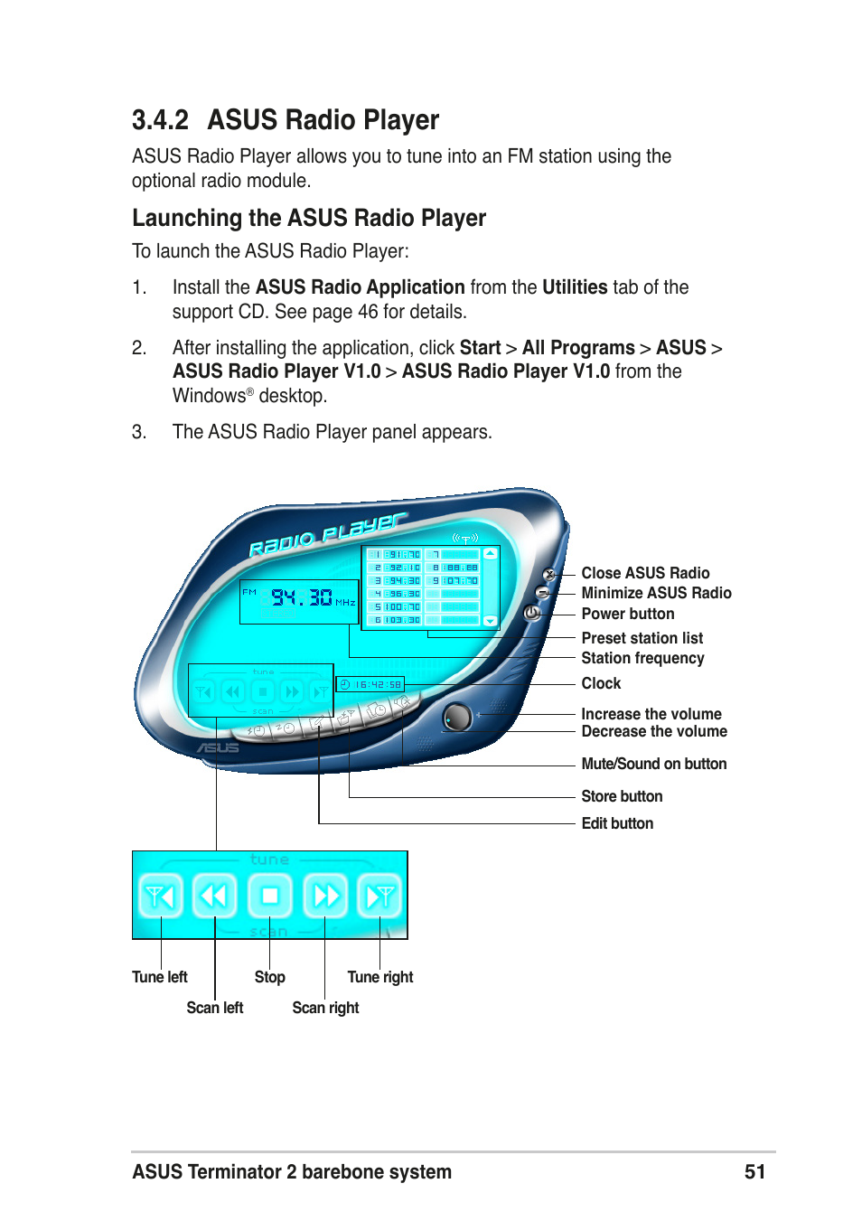 2 asus radio player, Launching the asus radio player | Asus T2-R User Manual | Page 51 / 120