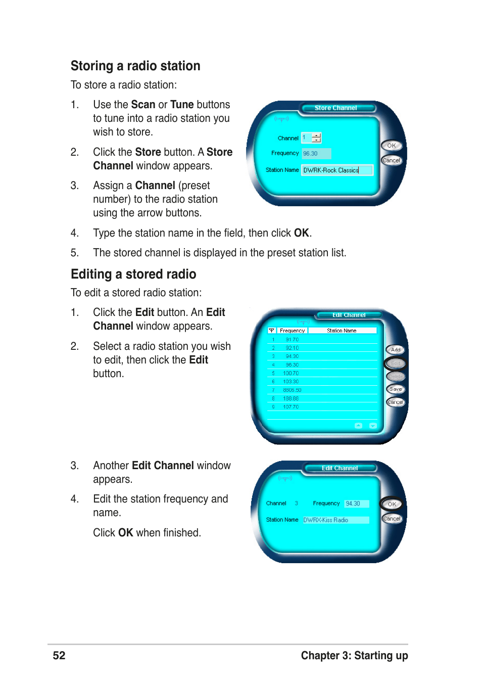 Storing a radio station, Editing a stored radio | Asus T2-R User Manual | Page 52 / 120