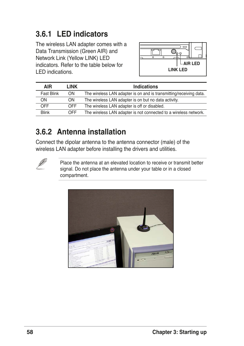 1 led indicators, 2 antenna installation | Asus T2-R User Manual | Page 58 / 120