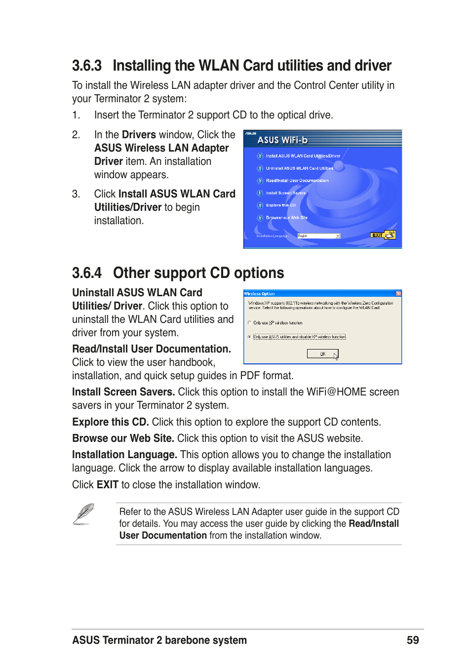 4 other support cd options, 3 installing the wlan card utilities and driver | Asus T2-R User Manual | Page 59 / 120