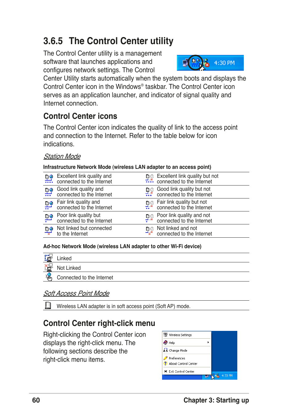 5 the control center utility, Control center right-click menu, Control center icons | Asus T2-R User Manual | Page 60 / 120