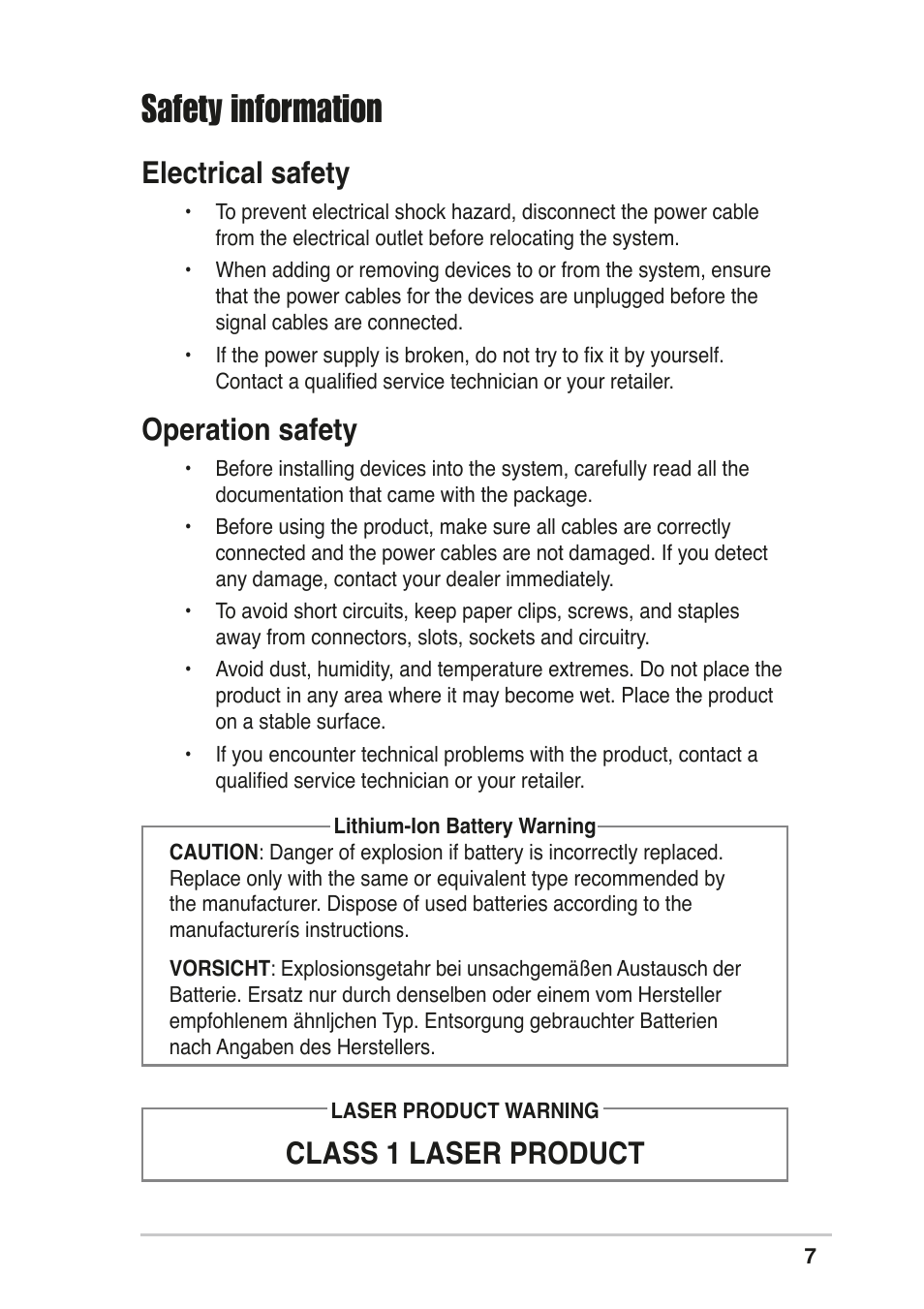 Safety information, Electrical safety, Operation safety | Class 1 laser product | Asus T2-R User Manual | Page 7 / 120