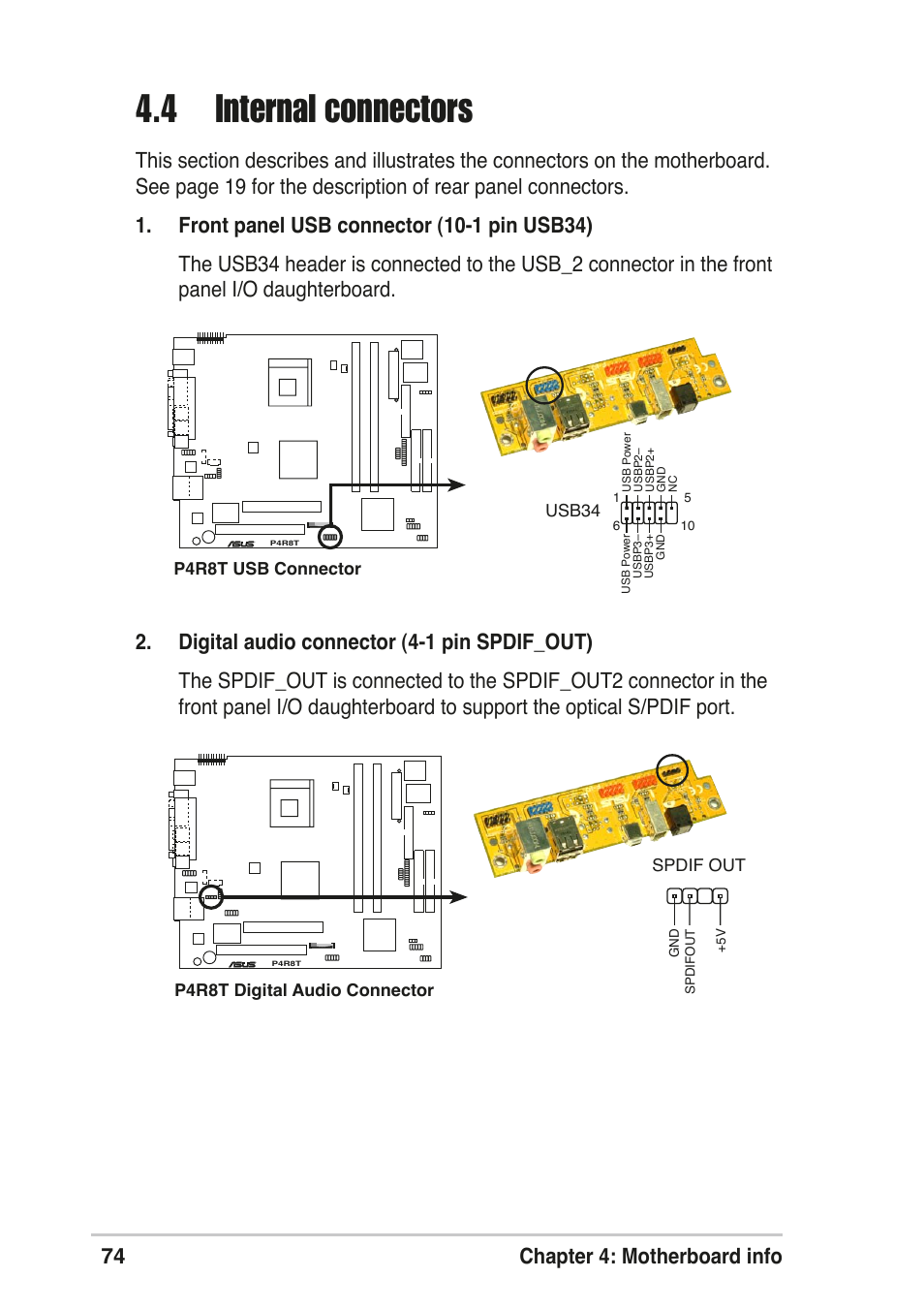 4 internal connectors, 74 chapter 4: motherboard info | Asus T2-R User Manual | Page 74 / 120