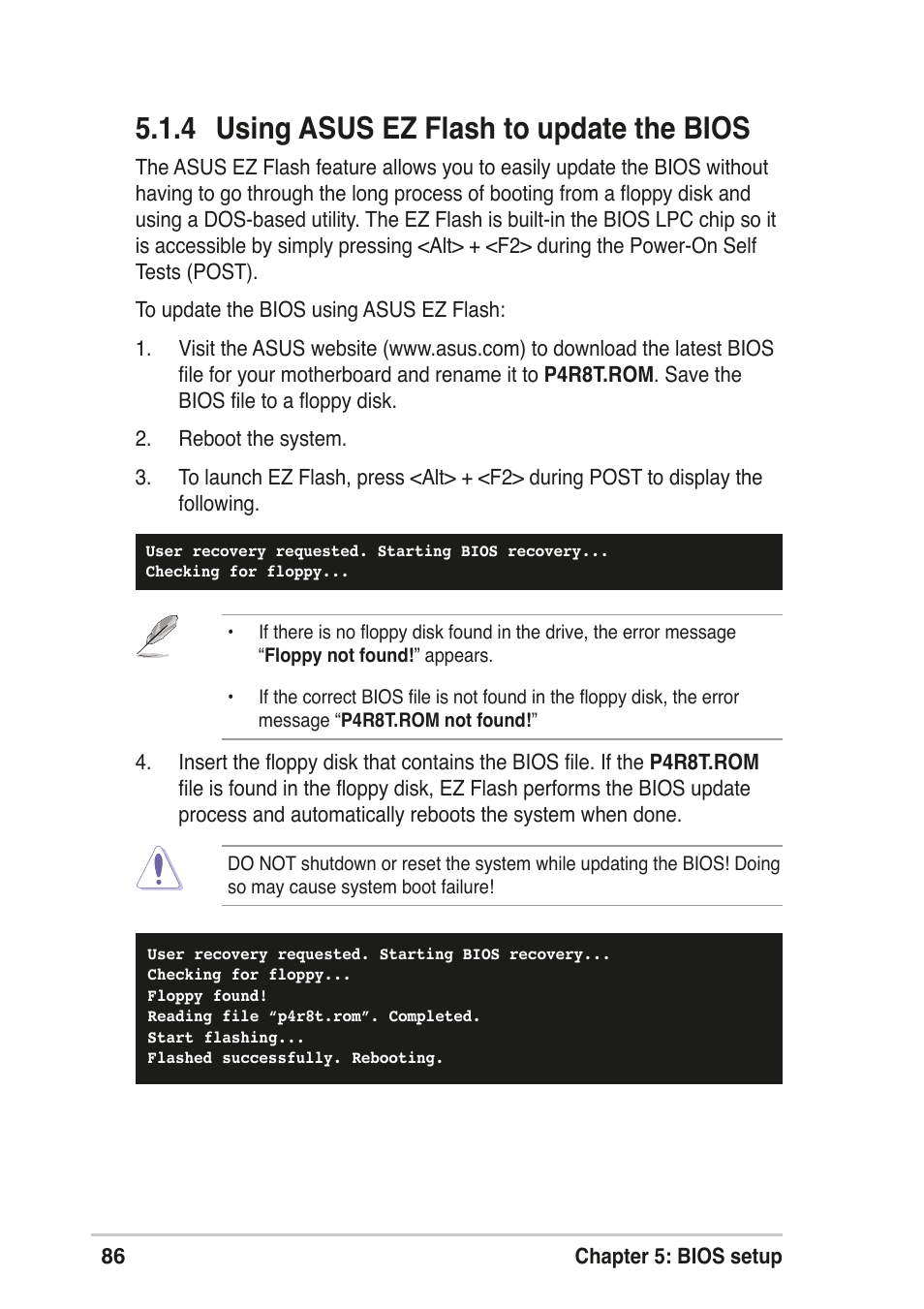 4 using asus ez flash to update the bios | Asus T2-R User Manual | Page 86 / 120