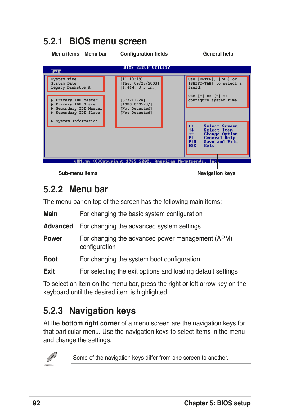 2 menu bar, 1 bios menu screen 5.2.3 navigation keys, 92 chapter 5: bios setup | Asus T2-R User Manual | Page 92 / 120