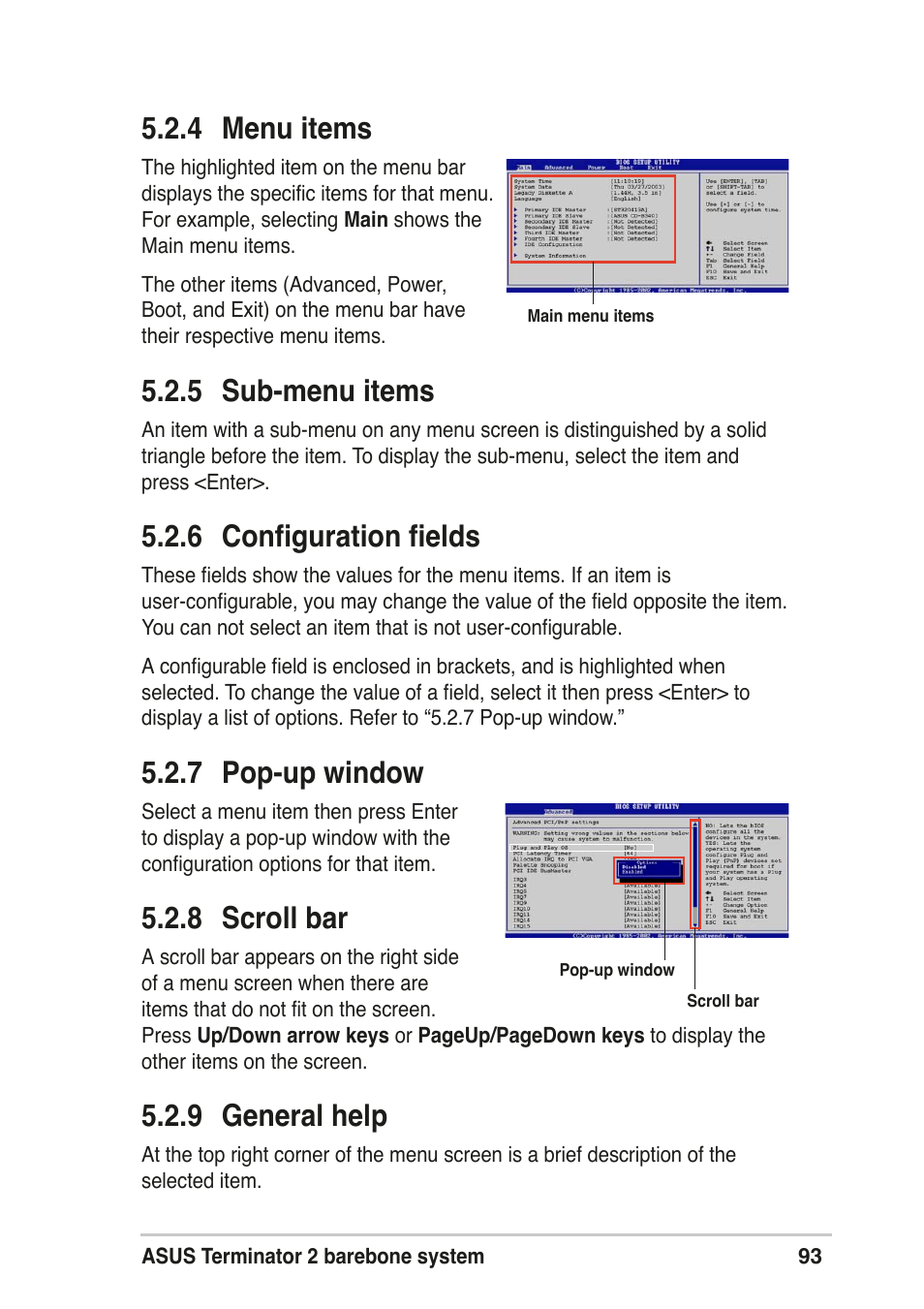 4 menu items, 5 sub-menu items, 6 configuration fields | 7 pop-up window, 8 scroll bar, 9 general help | Asus T2-R User Manual | Page 93 / 120