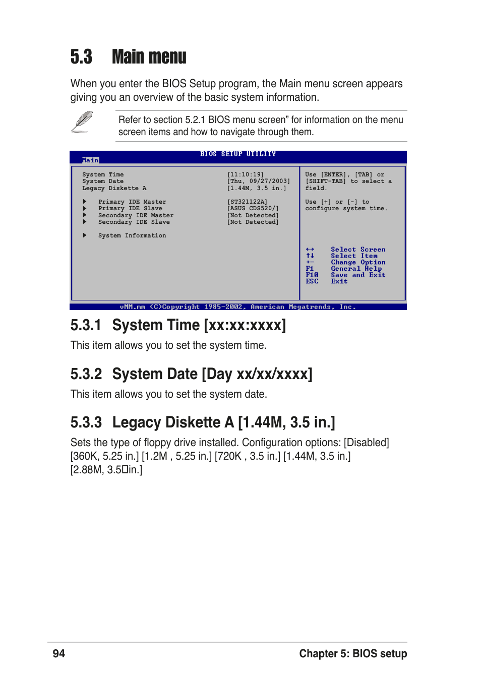 3 main menu | Asus T2-R User Manual | Page 94 / 120