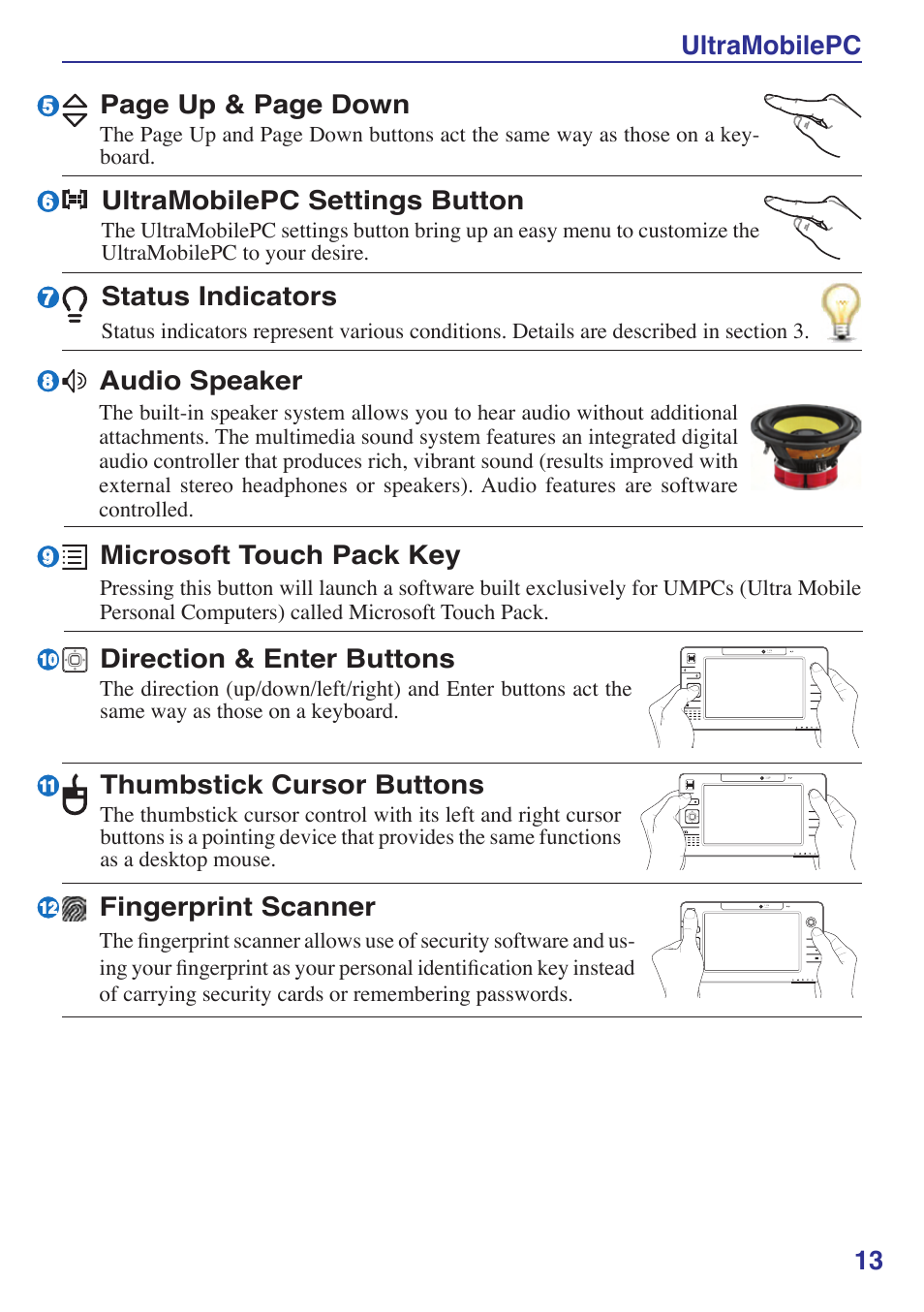 Ultramobilepc 13 audio speaker, Microsoft touch pack key, Fingerprint scanner | Direction & enter buttons, Thumbstick cursor buttons, Ultramobilepc settings button, Page up & page down, Status indicators | Asus R2Hv User Manual | Page 13 / 60