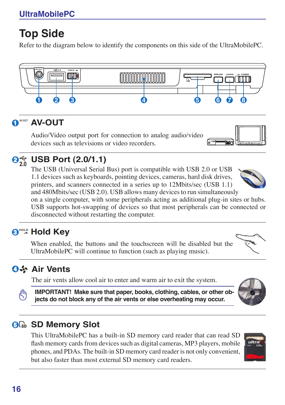 Top side, 16 ultramobilepc, Av-out | Hold key, Air vents, Usb port (2.0/1.1) | Asus R2Hv User Manual | Page 16 / 60