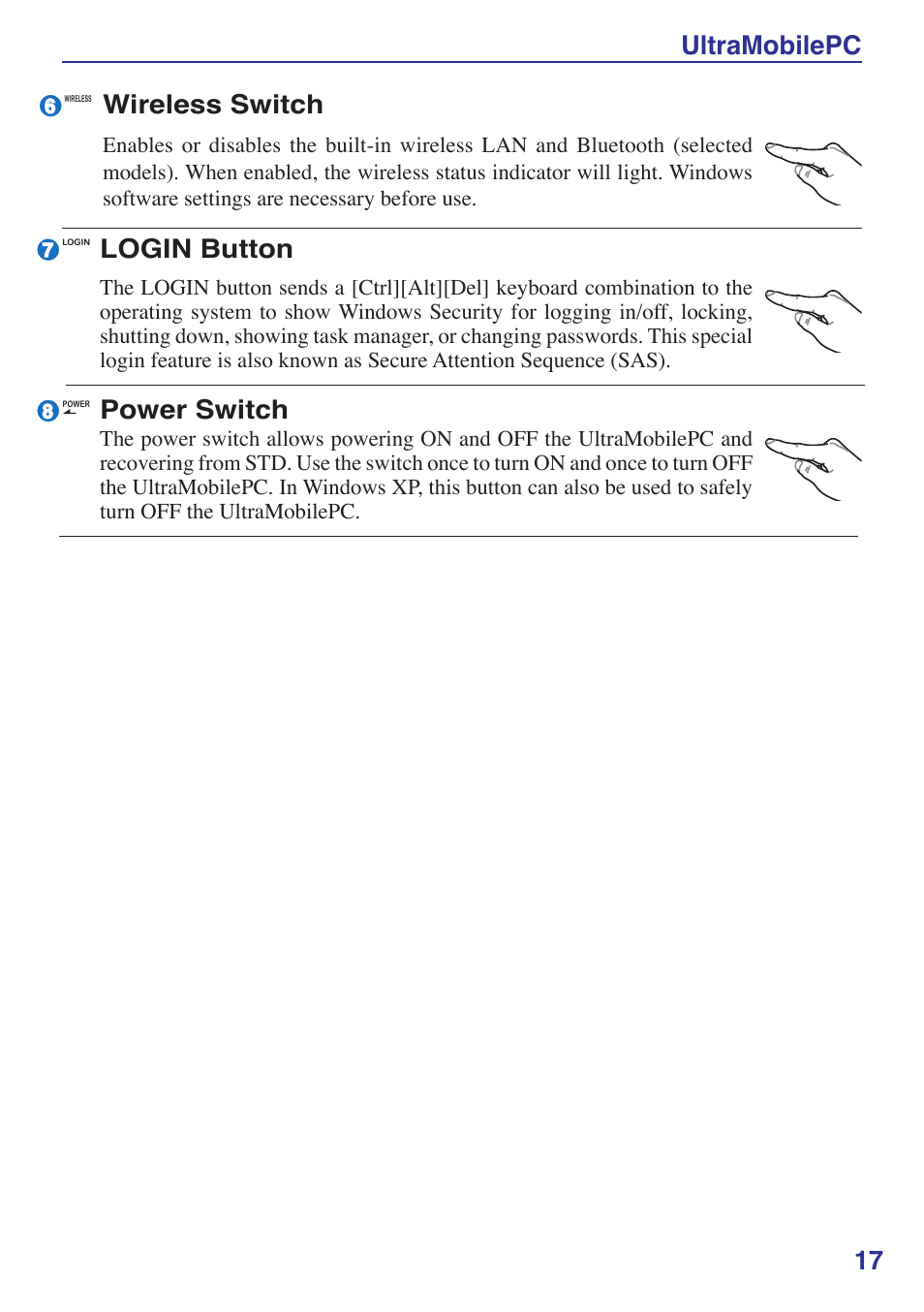 Ultramobilepc 17, Power switch, Login button | Wireless switch | Asus R2Hv User Manual | Page 17 / 60