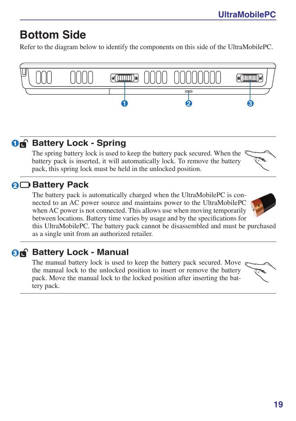 Bottom side, Ultramobilepc 1, Battery lock - manual | Battery lock - spring, Battery pack | Asus R2Hv User Manual | Page 19 / 60