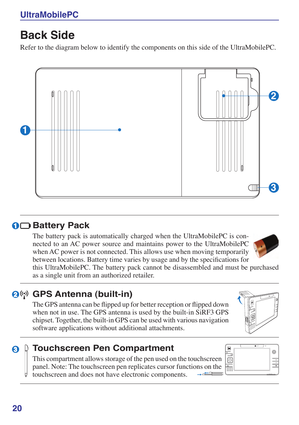 Back side, 20 ultramobilepc, Gps antenna (built-in) | Touchscreen pen compartment, Battery pack | Asus R2Hv User Manual | Page 20 / 60