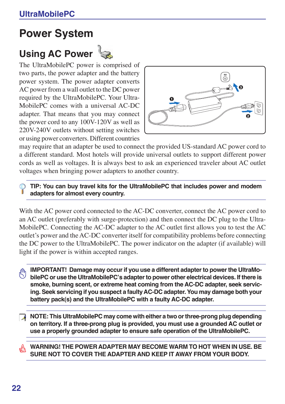 Power system, Using ac power, 22 ultramobilepc | Asus R2Hv User Manual | Page 22 / 60