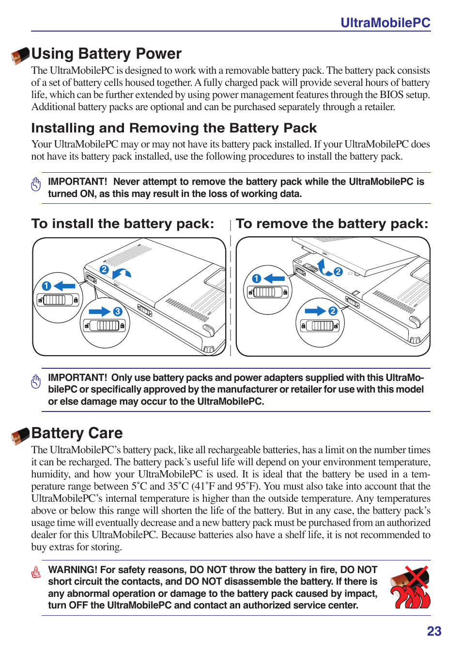 Using battery power, Battery care, Ultramobilepc 23 | Installing and removing the battery pack | Asus R2Hv User Manual | Page 23 / 60