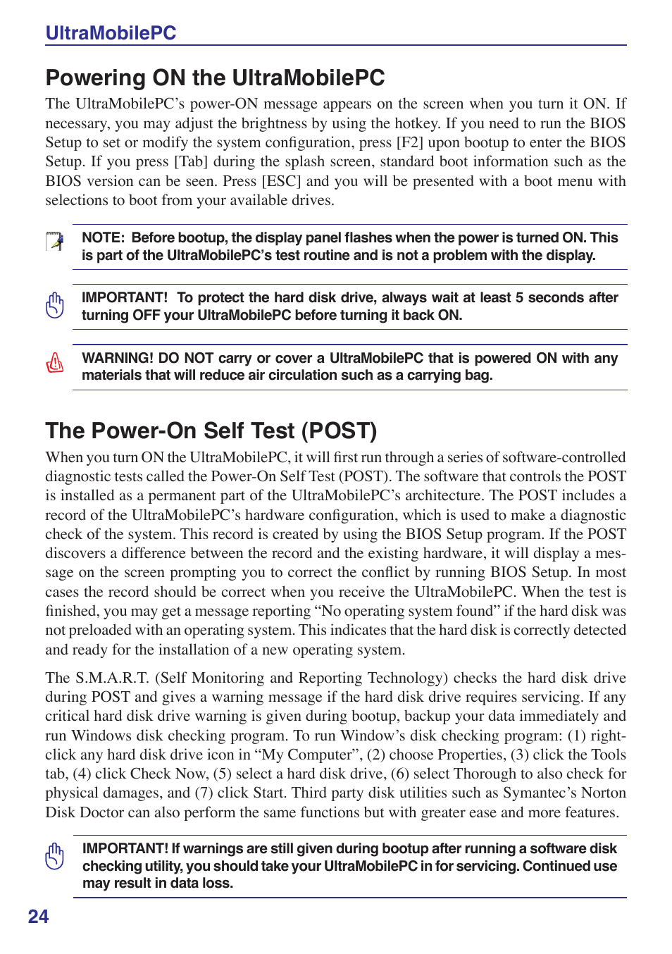 Powering on the ultramobilepc, The power-on self test (post), 24 ultramobilepc | Asus R2Hv User Manual | Page 24 / 60