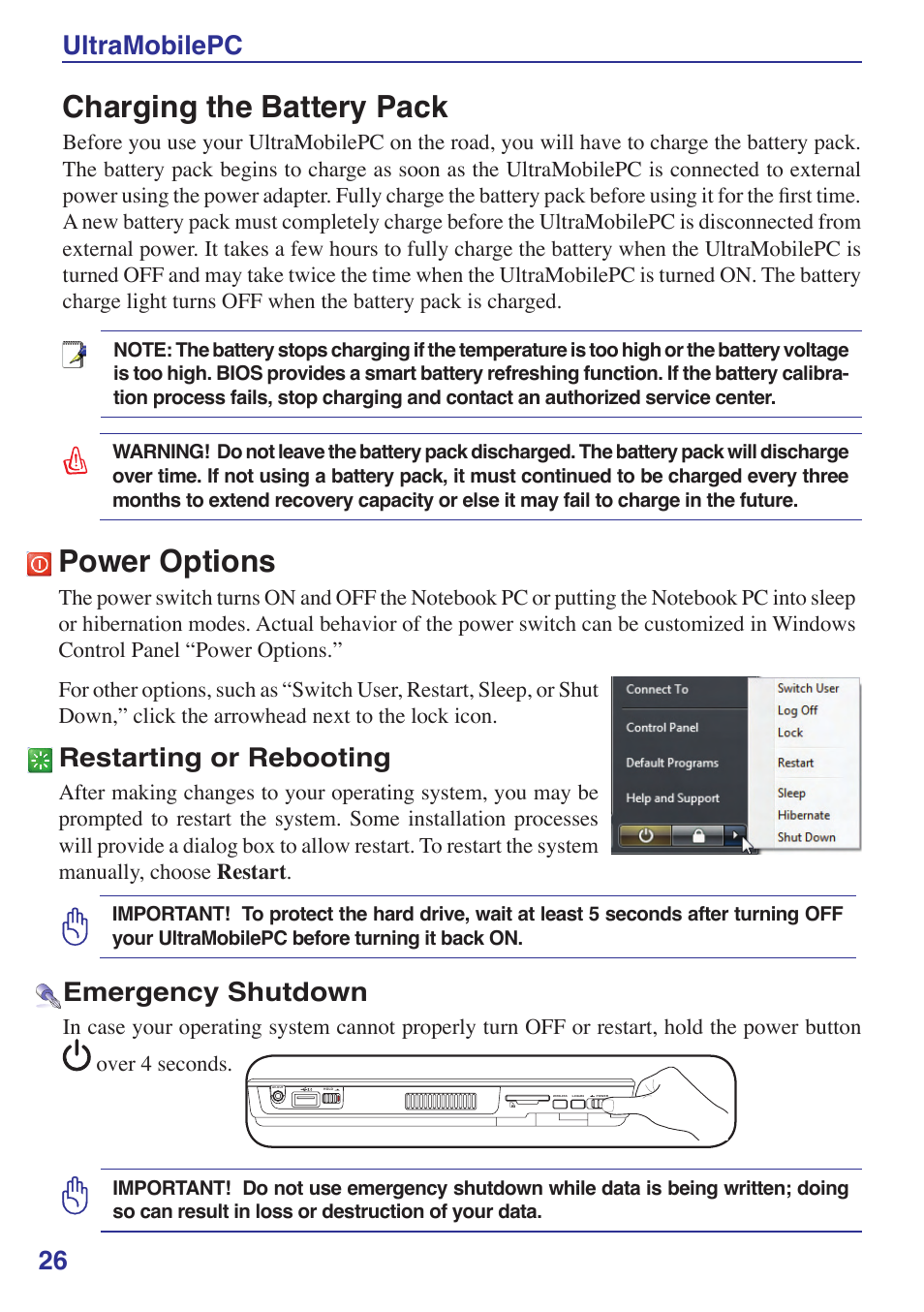 Charging the battery pack, Power options, 26 ultramobilepc | Restarting or rebooting, Emergency shutdown | Asus R2Hv User Manual | Page 26 / 60