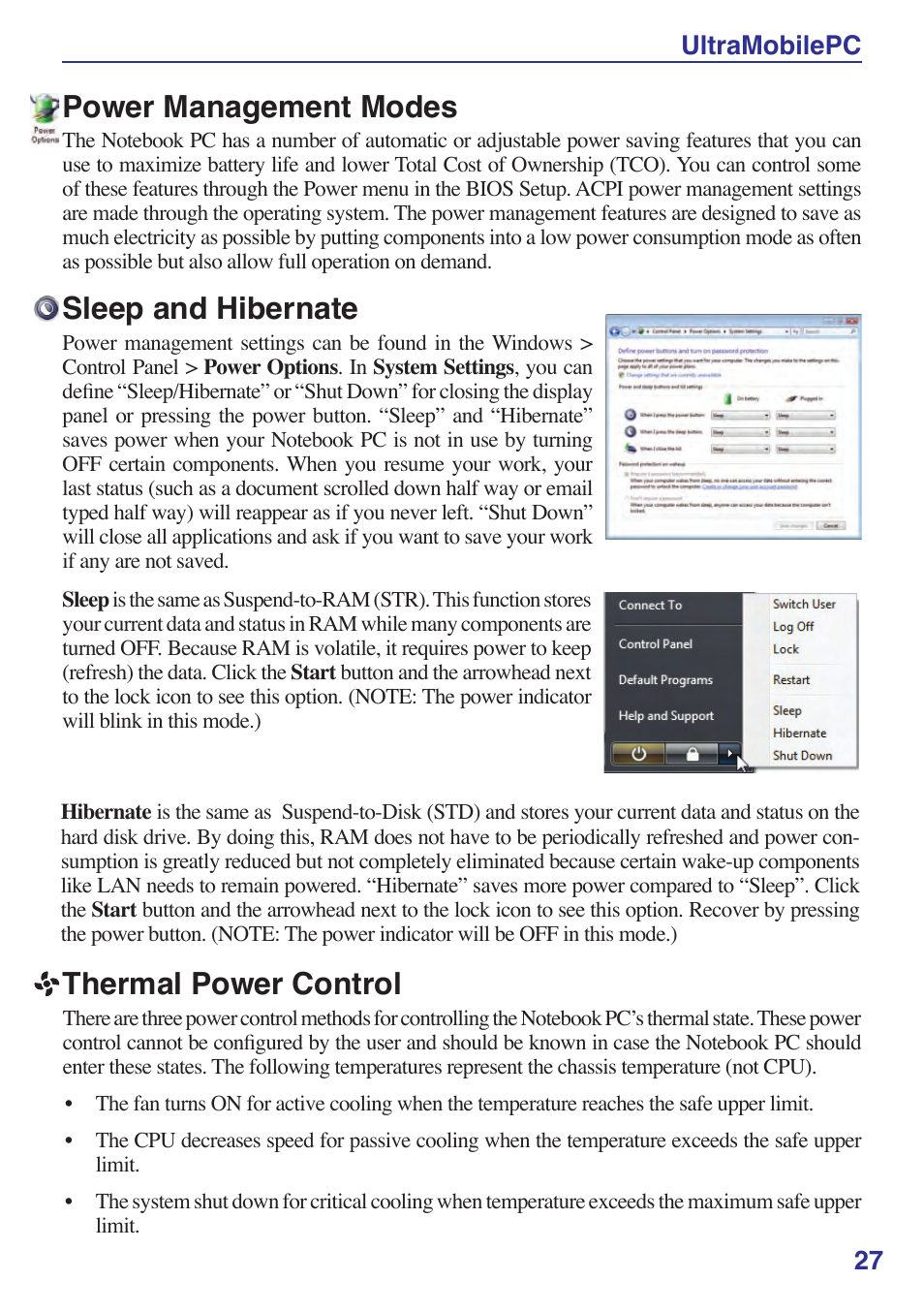 Power management modes, Sleep and hibernate, Thermal power control | Ultramobilepc 27 | Asus R2Hv User Manual | Page 27 / 60