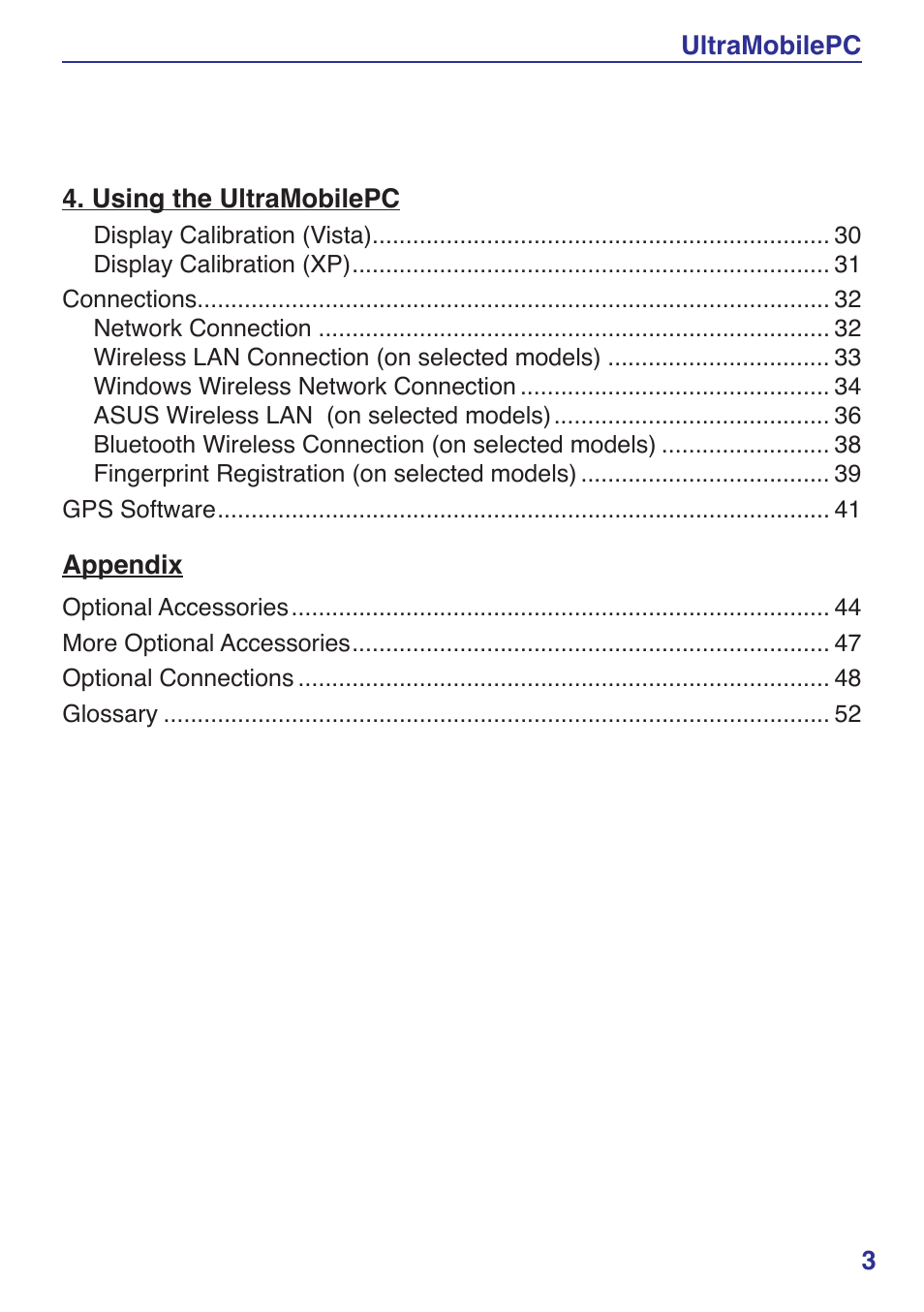 Ultramobilepc 3 4. using the ultramobilepc, Appendix | Asus R2Hv User Manual | Page 3 / 60