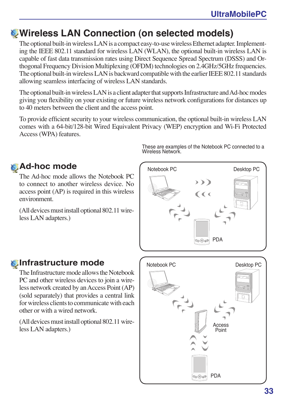 Wireless lan connection (on selected models), Ultramobilepc 33, Ad-hoc mode | Infrastructure mode | Asus R2Hv User Manual | Page 33 / 60