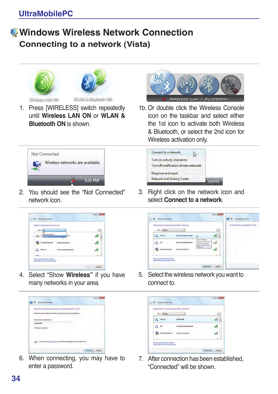 Windows wireless network connection, 34 ultramobilepc, Connecting to a network (vista) | Asus R2Hv User Manual | Page 34 / 60