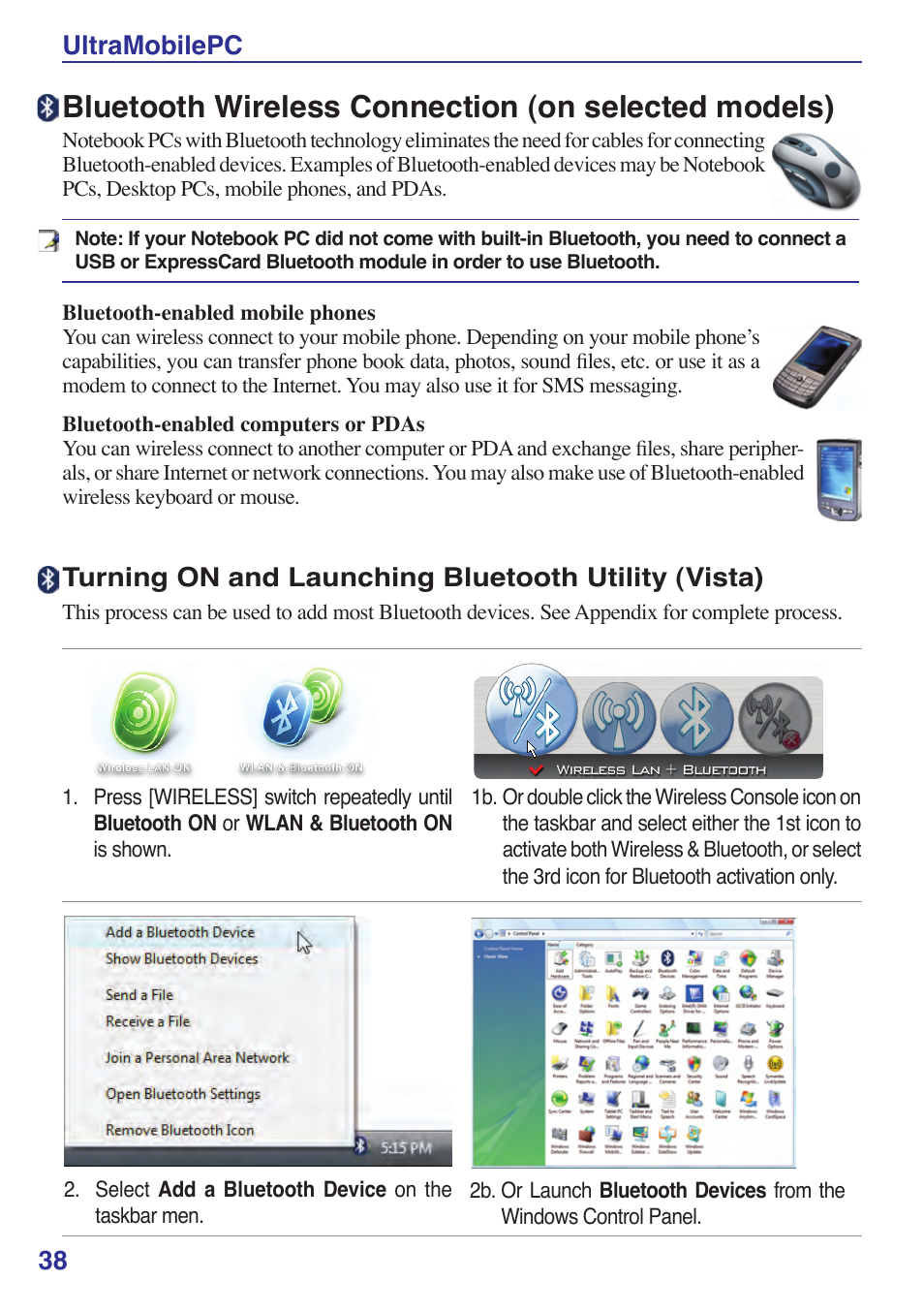 Bluetooth wireless connection (on selected models), 3 ultramobilepc, Turning on and launching bluetooth utility (vista) | Asus R2Hv User Manual | Page 38 / 60