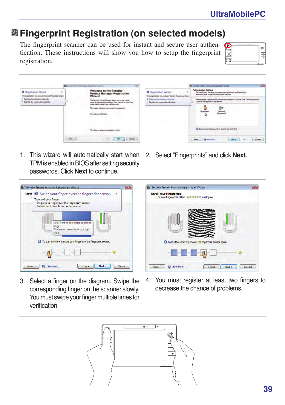 Fingerprint registration (on selected models), Ultramobilepc 3 | Asus R2Hv User Manual | Page 39 / 60