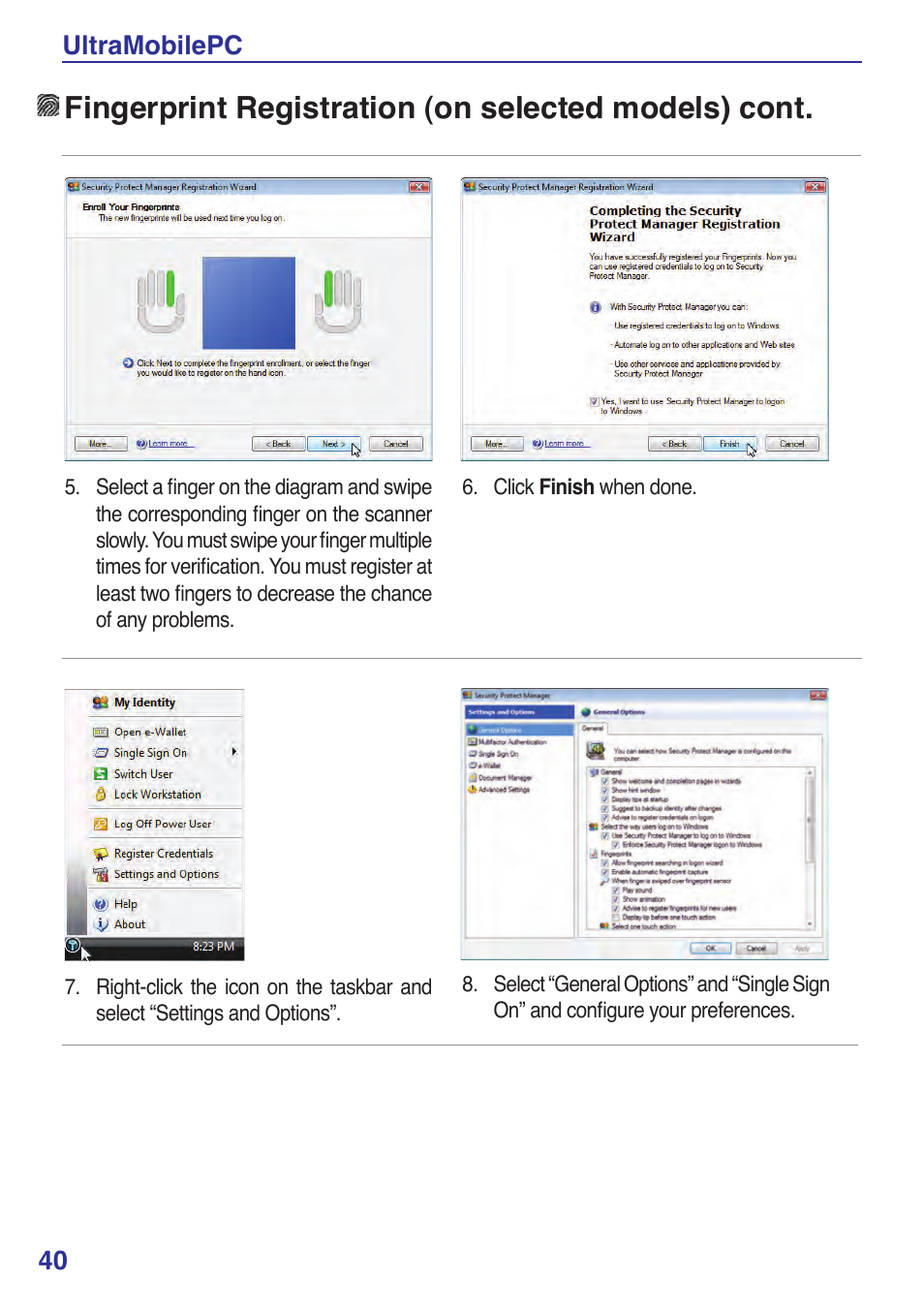 Fingerprint registration (on selected models) cont, 40 ultramobilepc | Asus R2Hv User Manual | Page 40 / 60