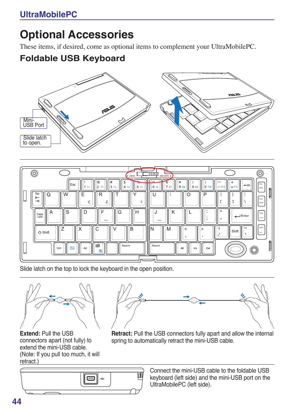 Optional accessories, 44 ultramobilepc, Foldable usb keyboard | Slide latch to open� mini- usb port | Asus R2Hv User Manual | Page 44 / 60