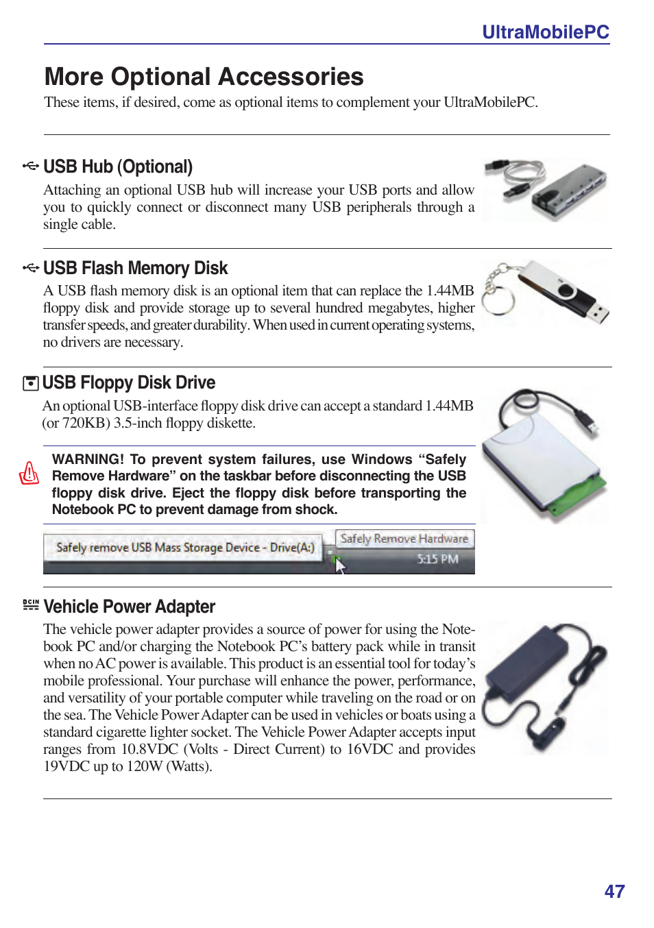 More optional accessories, Ultramobilepc 47, Usb floppy disk drive | Vehicle power adapter, Usb hub (optional) | Asus R2Hv User Manual | Page 47 / 60