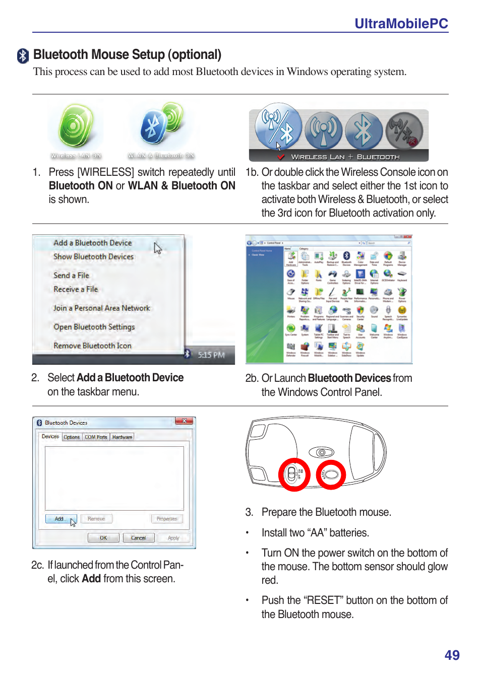 Ultramobilepc 4, Bluetooth mouse setup (optional) | Asus R2Hv User Manual | Page 49 / 60