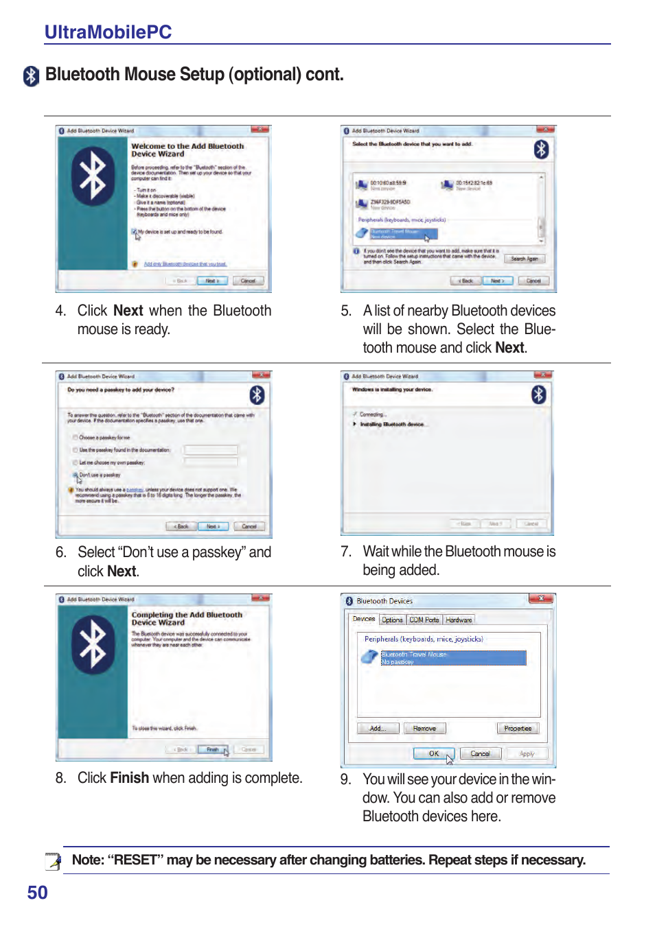 0 ultramobilepc, Bluetooth mouse setup (optional) cont | Asus R2Hv User Manual | Page 50 / 60
