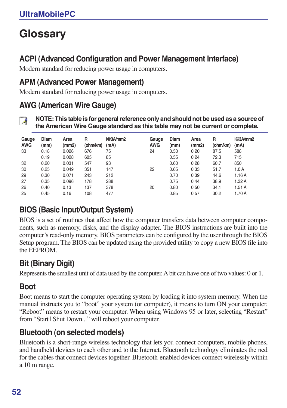 Glossary, Certifications, 2 ultramobilepc | Apm (advanced power management), Awg (american wire gauge), Bios (basic input/output system), Bit (binary digit), Boot, Bluetooth (on selected models) | Asus R2Hv User Manual | Page 52 / 60