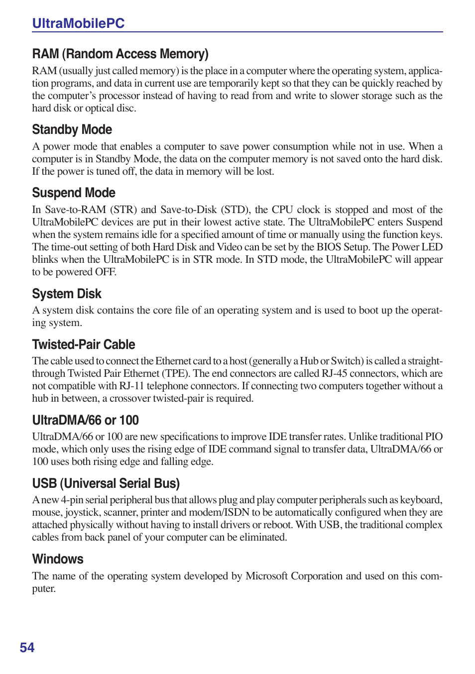 Standby mode, Suspend mode, System disk | Twisted-pair cable, Usb (universal serial bus), Windows | Asus R2Hv User Manual | Page 54 / 60