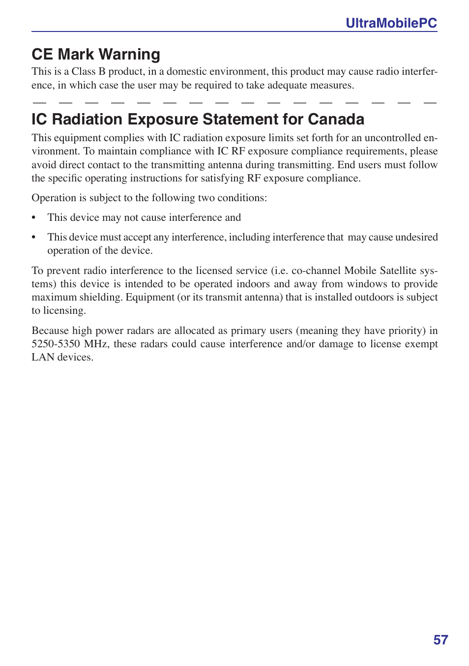 Ce mark warning, Ic radiation exposure statement for canada | Asus R2Hv User Manual | Page 57 / 60