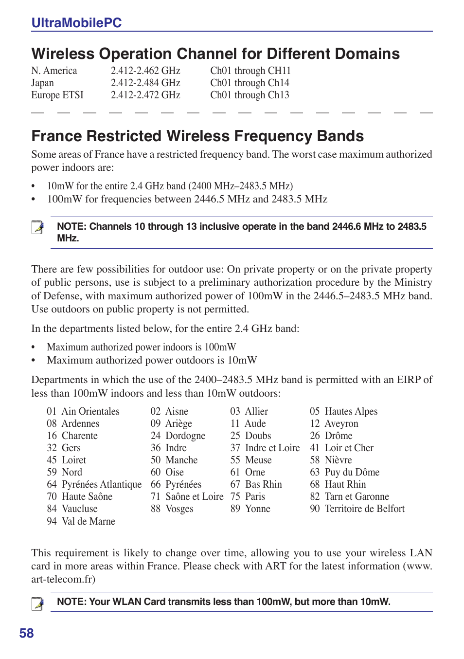 France restricted wireless frequency bands, Wireless operation channel for different domains, Ultramobilepc | Asus R2Hv User Manual | Page 58 / 60