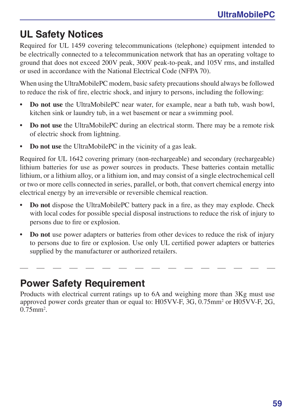 Ul safety notices, Power safety requirement, Ultramobilepc | Asus R2Hv User Manual | Page 59 / 60