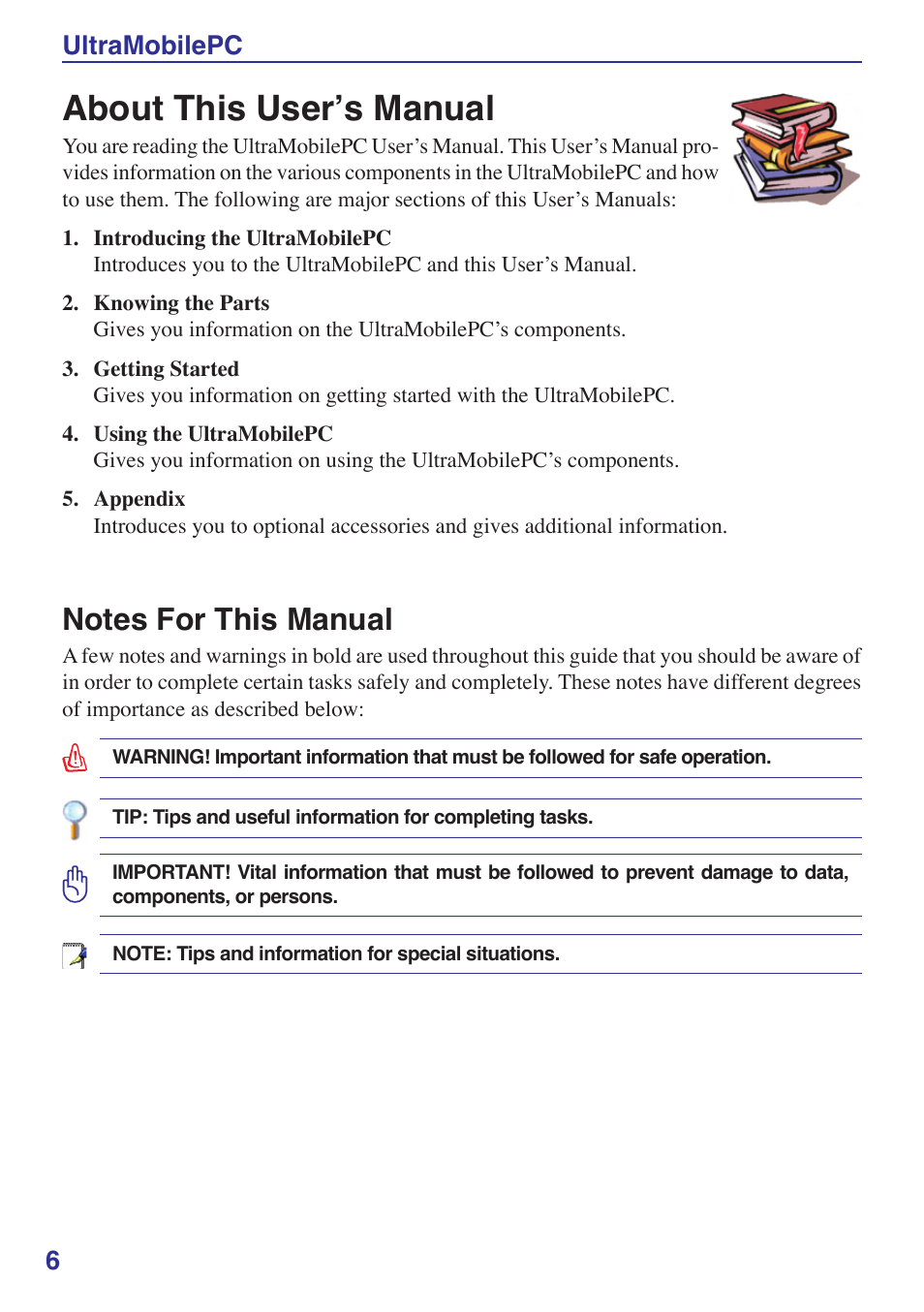 About this user’s manual, Notes for this manual, 6ultramobilepc | Asus R2Hv User Manual | Page 6 / 60