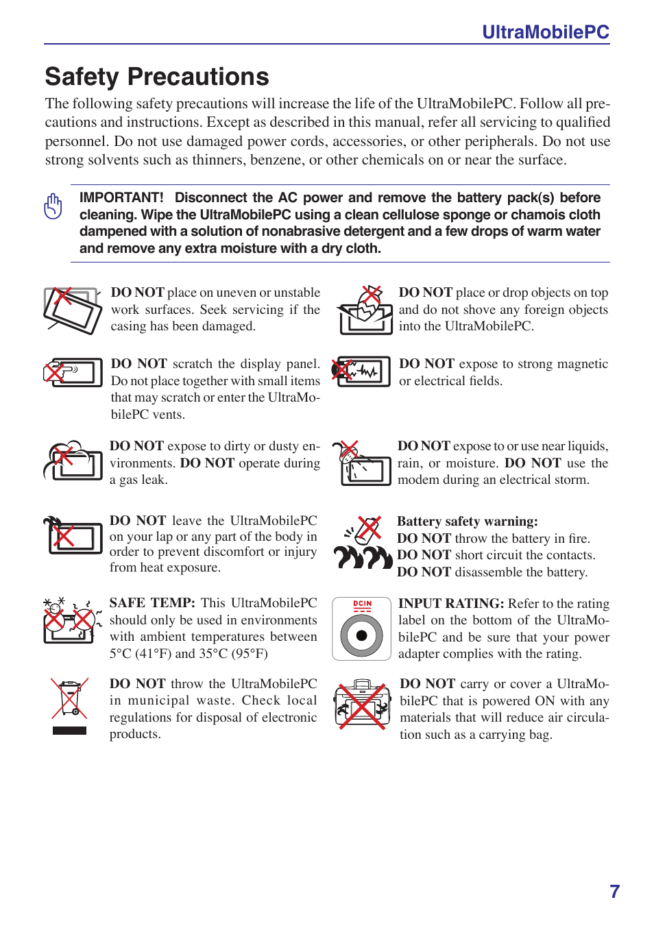 Safety precautions, Ultramobilepc 7 | Asus R2Hv User Manual | Page 7 / 60