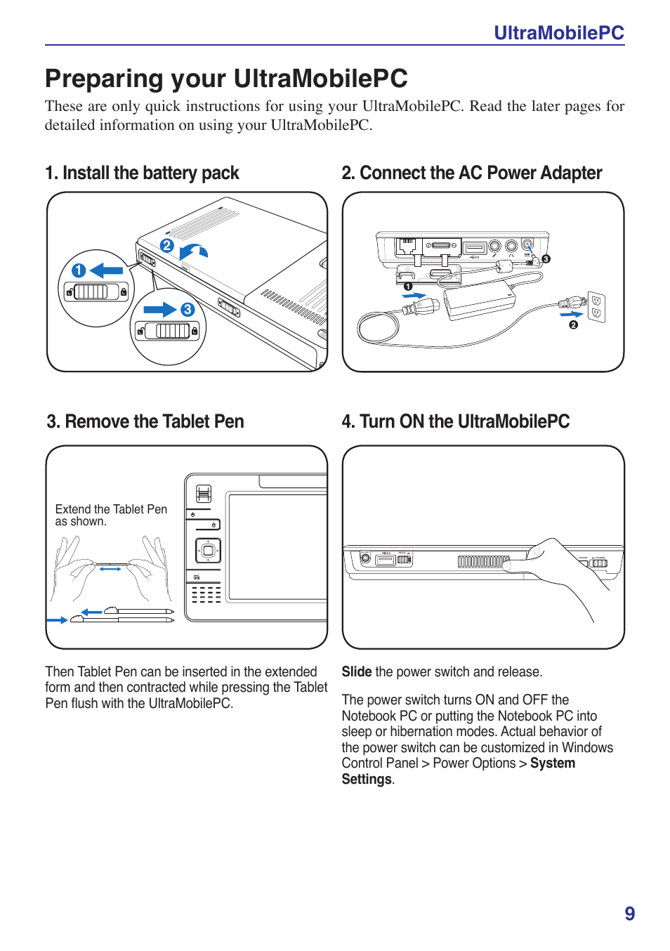Preparing your ultramobilepc, Ultramobilepc | Asus R2Hv User Manual | Page 9 / 60