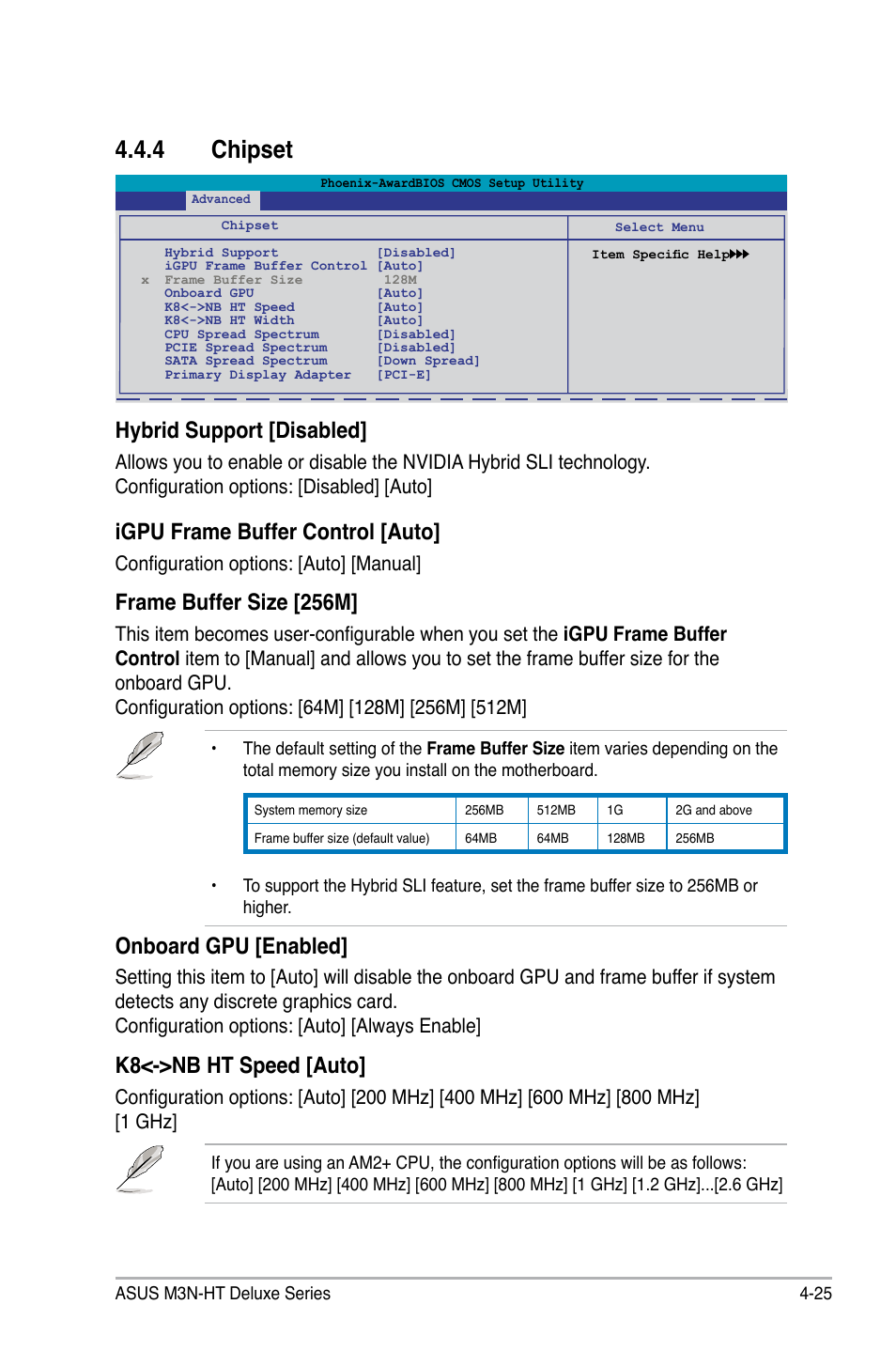 4 chipset, Hybrid support [disabled, Igpu frame buffer control [auto | Frame buffer size [256m, Onboard gpu [enabled, K8<->nb ht speed [auto, Configuration options: [auto] [manual | Asus M3N-HT Deluxe/Mempipe User Manual | Page 103 / 192