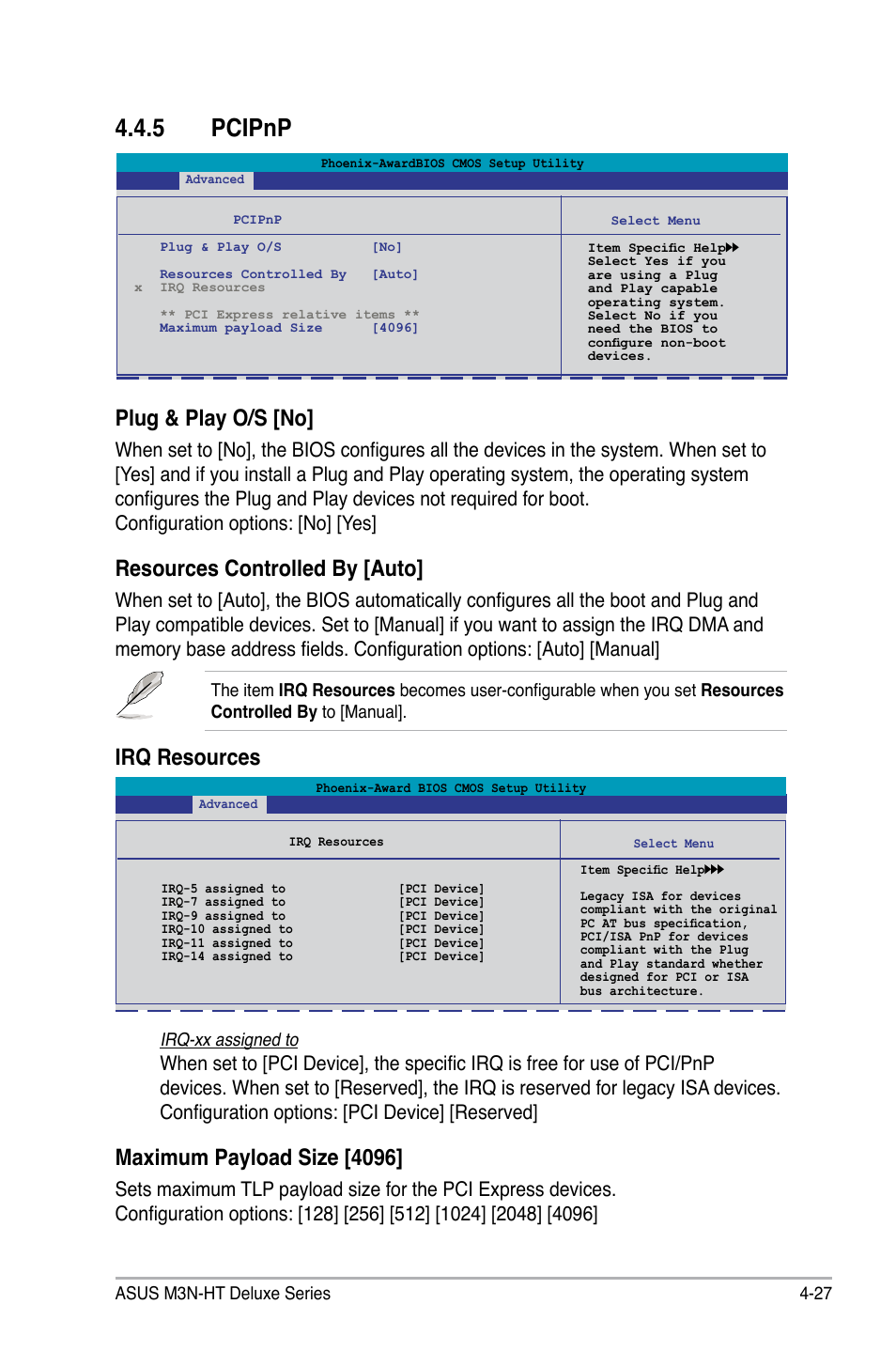 5 pcipnp, Plug & play o/s [no, Resources controlled by [auto | Irq resources, Maximum payload size [4096 | Asus M3N-HT Deluxe/Mempipe User Manual | Page 105 / 192