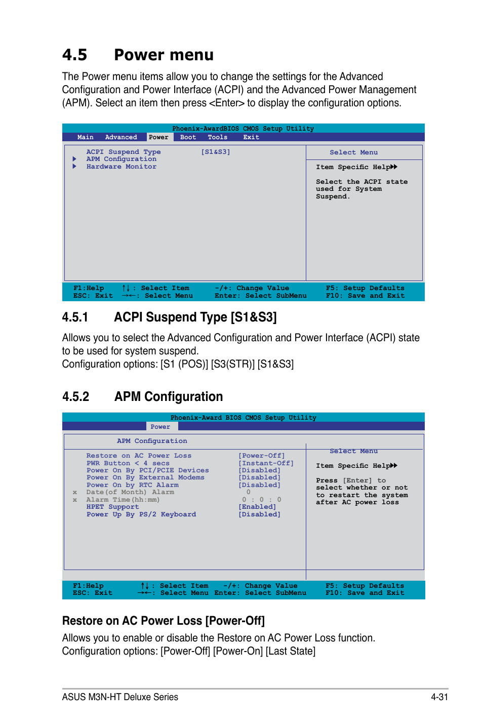 5 power menu, 1 acpi suspend type [s1&s3, 2 apm configuration | Restore on ac power loss [power-off | Asus M3N-HT Deluxe/Mempipe User Manual | Page 109 / 192