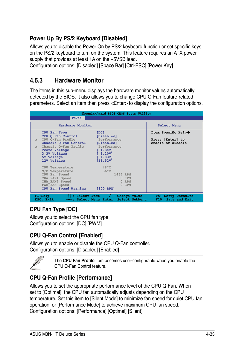 3 hardware monitor, Power up by ps/2 keyboard [disabled, Cpu fan type [dc | Cpu q-fan control [enabled, Cpu q-fan profile [performance | Asus M3N-HT Deluxe/Mempipe User Manual | Page 111 / 192